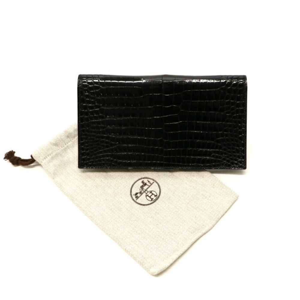 HERMES Long Wallet Porosus B Bifold Billfold Crocodile Leather Noir Black